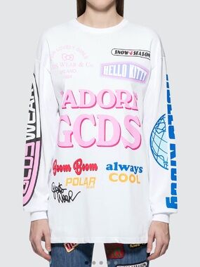 GCDS X Hello Kitty Nascaar Long Sleeve T-Shirt Jersey White Size Small